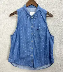 Abercrombie Fitch Button Up Denim Shirt Women Large Polka Dot Vintage Y2K Preppy