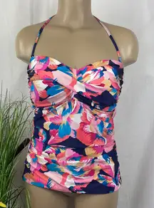 La Blanca Blue Floral Print UPF 50 Tankin Contour Ruched Swim Top NEW 10
