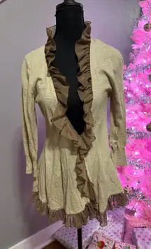 Guinevere x Anthropologie brown & cream striped ruffle cardigan sweater size medium