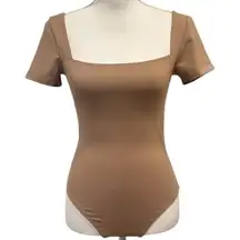 Aritzia Babaton Contour Square Neck Bodysuit Tan Short Sleeve Basic Layer Medium