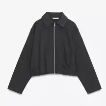Zara NWT charcoal gray pleated fleece zipper front bomber jacket