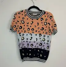 Baevely | Multicolor Color Block Leopard Print Short Sleeve Sweater