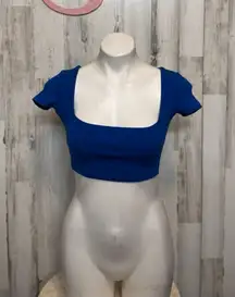 ZARA Blue Square Neck Crop Top Women’s Small – Short Sleeve Stretchy Basic