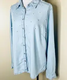 Soho New York & Company Top XL Button Down Pearl Chambray Lyocell Long Sleeve