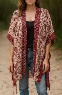 Kimono Sz M L Artesia Boho Paisley Pale Blush Floral Print Cover-up Duster Shawl