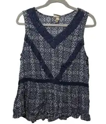 Knox Rose Navy Floral V Neck Sleeveless Crochet Accent Womens Blouse Size XXL