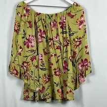 First Love Boho Blouse Relaxed Fit Stretch Neckline Ruffle 3/4 Sleeves Floral M