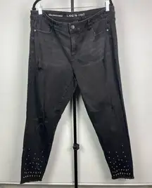 Lane Bryant Distressed Black Studded Raw Hem Mid Rise Super Stretch Ankle Jeans