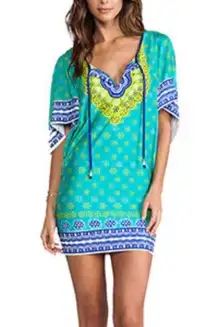 Trina Turk  Seychelles Belted Tunic Coverup Jungle Colorway Blue/Teal Size Medium