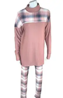 Cuddl Duds Cozy Jersey Fleece Mock Neck Printed Set Pink/Ombre Plaid Small