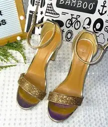 BAMBOO Frenzy Chunky High Heel Sandal Shoes Rhinestone Shoes Gold Shoes~8.