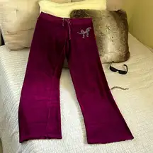 Juicy Couture Y2K  rare Vtg plum bling bow velour wide leg track pants med