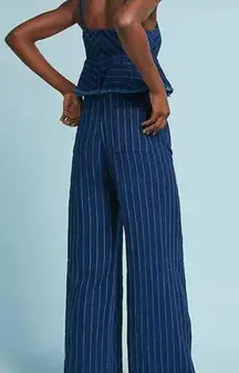 Anthro ett:twa Jumpsuit Womens Blue Denim Size SP Peplum‎ Ruffled Striped Boho
