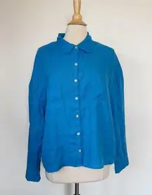 Solid Blue Long Sleeve Collared Linen Button Down