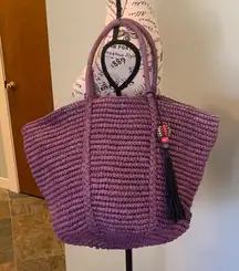 Merona Purple Woven Paper Tote Shoulder Bag with Wood Beaded Tassel