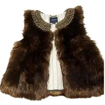 Gryphon New York Faux Fur Rocker Vest Beaded Neckline Sz. M