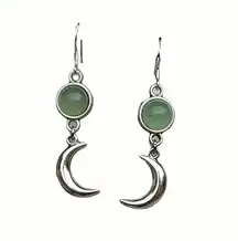 Stainless Steel Silver Vintage  Green Stone Moon Shaped Earrings