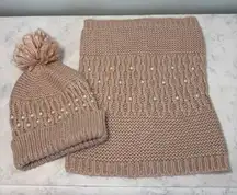 Betsey Johnson Beige Pearl Beanie Hat & Cowl Scarf Set