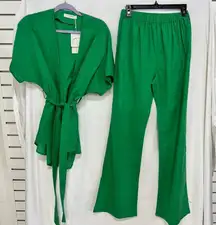 NWT Commense Oversized Belted Top &  Wide Leg Pants Set Green Women's Size S