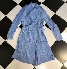 Y2K  Trench Coat Baby Blue Sky Blue Long Zip Up Denim-ish Pattern L