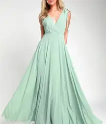 Lulus Bridesmaid Maxi dress Dance the Night Away Sage Green Backless mint bows