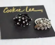 Cookie Lee NWT  Crystal Cluster Cocktail Statement Black Silver Tone 2 Rings Sz 8