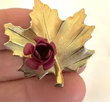 Vintage gold tone leaf  red rose brooch