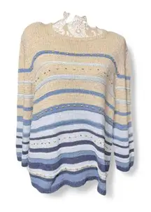 Alfred Dunner Coastal Grandma Core Blue Beige and White Sweater Preppy Vintage