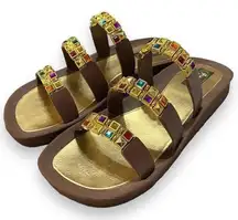 Grandco Jeweled Sandal Slides, Gold, Brown, Multi-Colored Jewels, Women’s Size 9