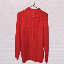 Jennifer Moor 80s Red Cable Knit Faux Pearl Button Up Mock Neck Sweater