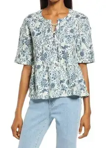 Faherty Salinas Lace Up Floral Linen blouse‎ Top Size S