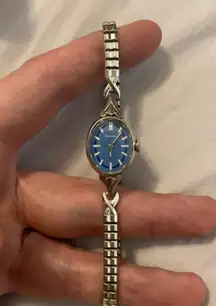 Ladies RARE vintage blue dial 10kt white rolled gold  watch WORKS!!