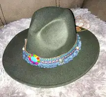 Western Cowboy Fedora Panama Party Formal Top Hat Bead Tassle Army Green Unisex