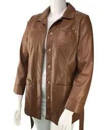 Chicos Womens Sz 1 US 8 M Vegan Leather Utility Jacket Camel Mid Length Belt NEW