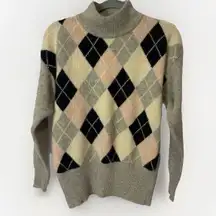 Vintage Women’s Argyle Sweater Lambs Wool Angora Cream Gray Pink Mockneck Preppy