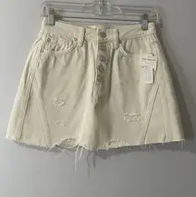 FREE PEOPLE Denim Mini Skirt Size 27 Cream NEW Button Front‎ Raw Hem Distressed