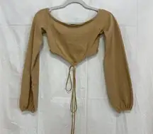 NBD Long Sleeve Elastic Cuffs Tie Waist Cropped Top Camel Women's Size Small