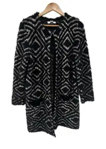 August Silk Womens Medium Cardigan Sweater Black Beige Geometric‎ Fuzzy Knit