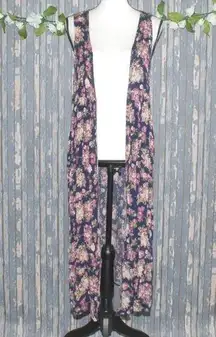 Indigo Thread Navy Blue Floral Cardigan Duster Size M Open Front Long Festival