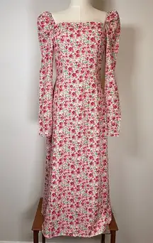 To My Lovers Floral Print Midi Dress Puff Sleeve Square Neck Womens Size Medium