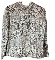 RAE DUNN "Bless This Hot Mess" Small Snow Leopard L/S  Sweatshirt Hoodie Sz M