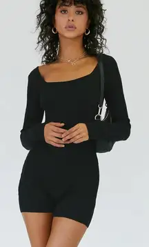 Princess Polly Jaden Black Ribbed Long Sleeve Romper F29