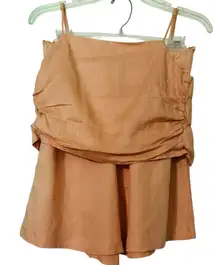 H & M Linen Blend Short Set SZ SM XSM Peach Elastic Waist Pockets Resort Wear