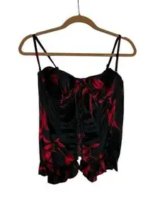 Victorias Secret Y2K 100% Silk Black & Red Floral Print Lace Up Corset Top 34B