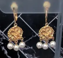 Vintage Clip On Earrings Gold Tone Floral Design Faux Pearl Dangles Statement
