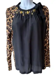 Tory Burch Leopard Print Silk Wool‎ Embellished Neck Long Sleeve Top Blouse  Bow