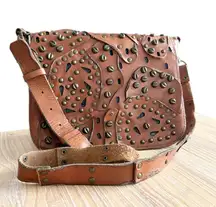 Patricia Nash Rosa Brown Leather Studded Saddle Messenger Crossbody Bag