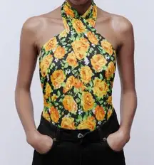 ZARA Twist Cross Neck Floral Top Bodysuit Size Medium Black Yellow