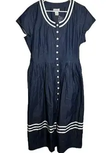 Lanz of Salzburg Dress Button Up Striped Detail Back Tie Navy Blue Large