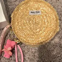 Miu Miu Straw Circle Bag with Pink Bear Charm